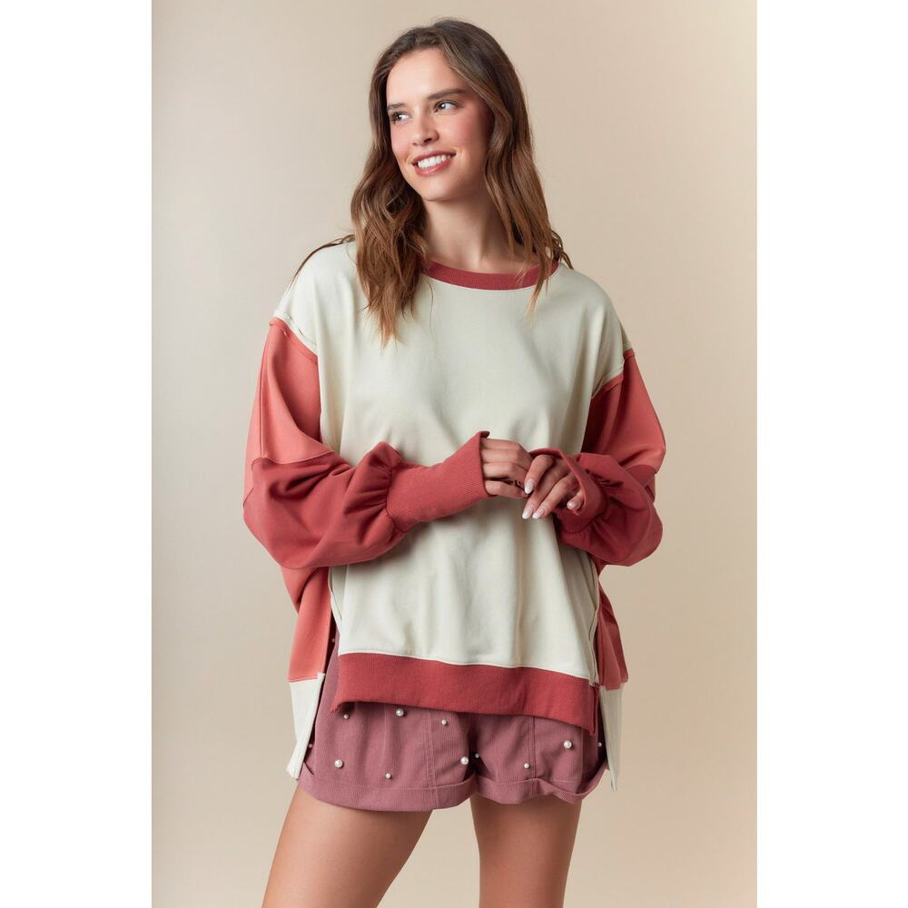 F256. Fantastic Fawn Rose/Cream Oversized Hi-Low Terry Pullover NWT